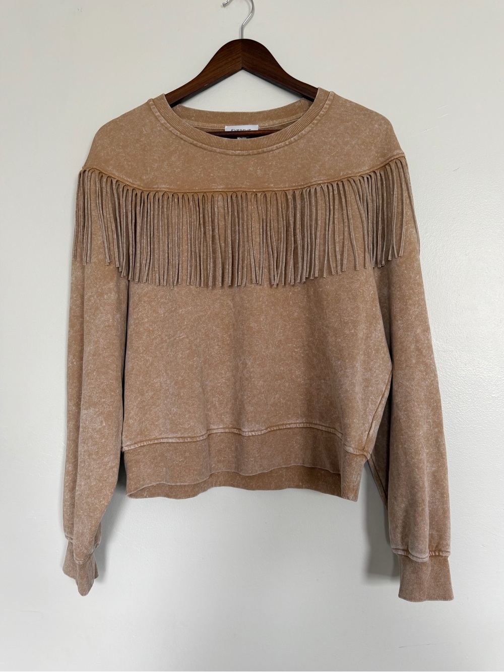 Evereve Tan Fringe Yoke Crewneck Sweater